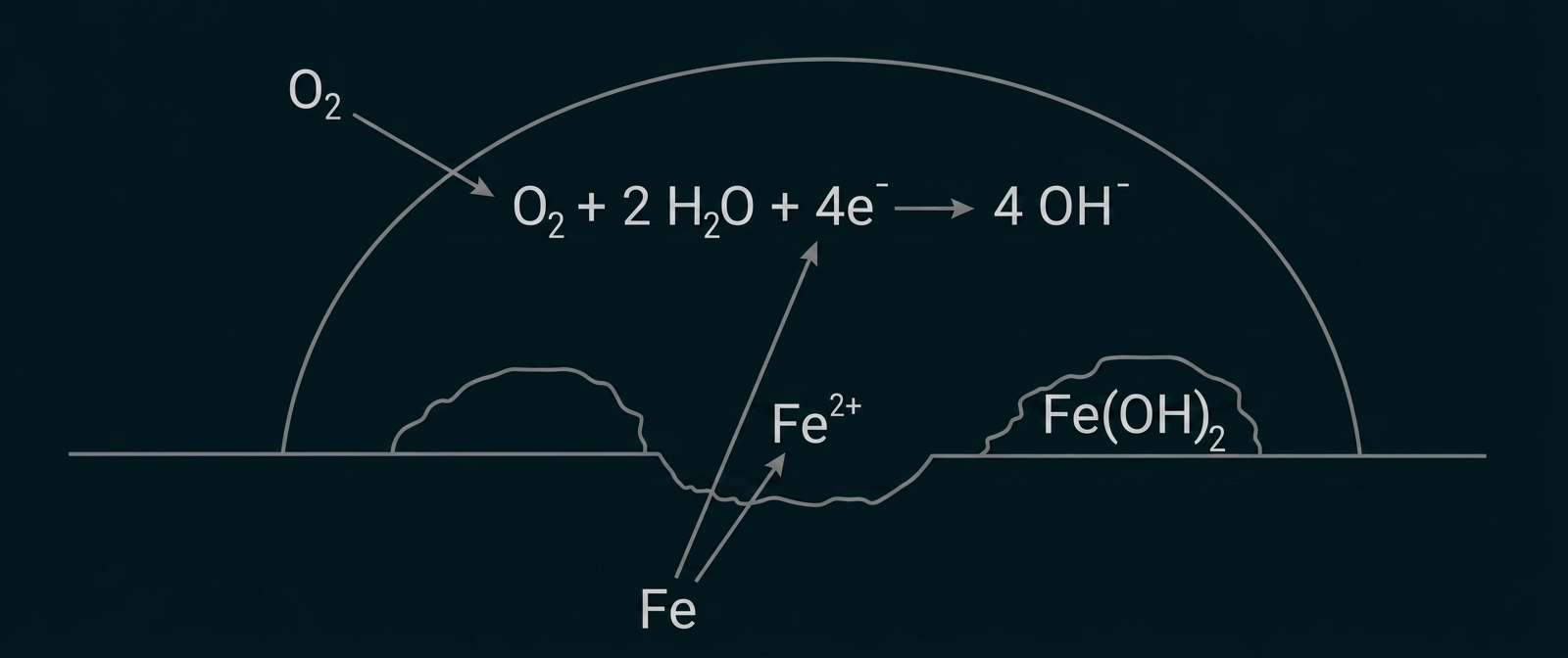 Schematische Darstellung von Eisenkorrosion: O2, Fe → Fe2+ und Bildung von Eisenhydroxid (Fe(OH)2)